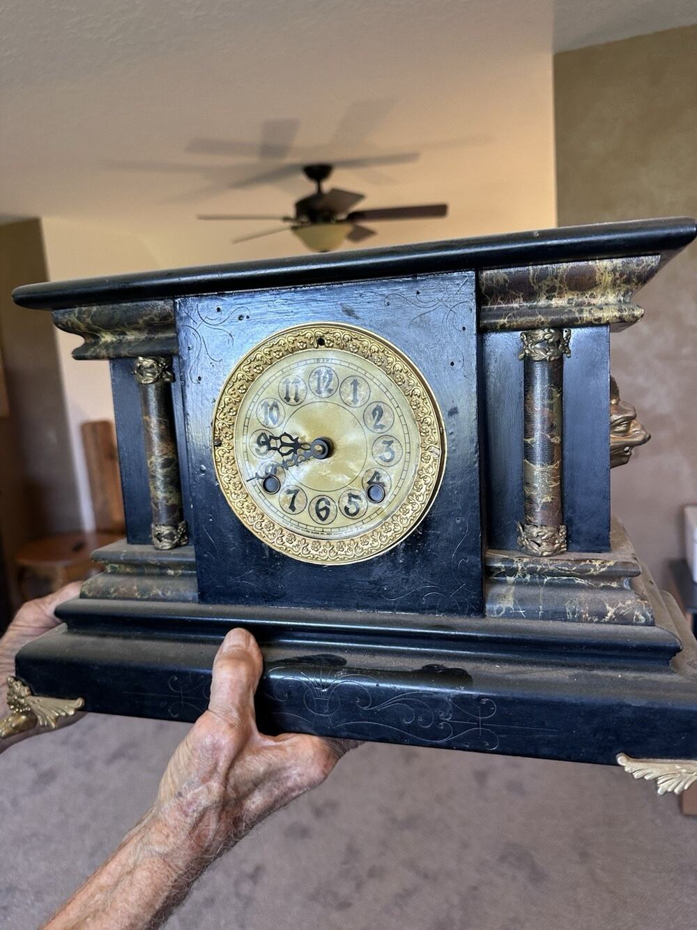 Antique E. Ingraham "Adrian" Mantel Clock Black Faux Green Marble Victorian
